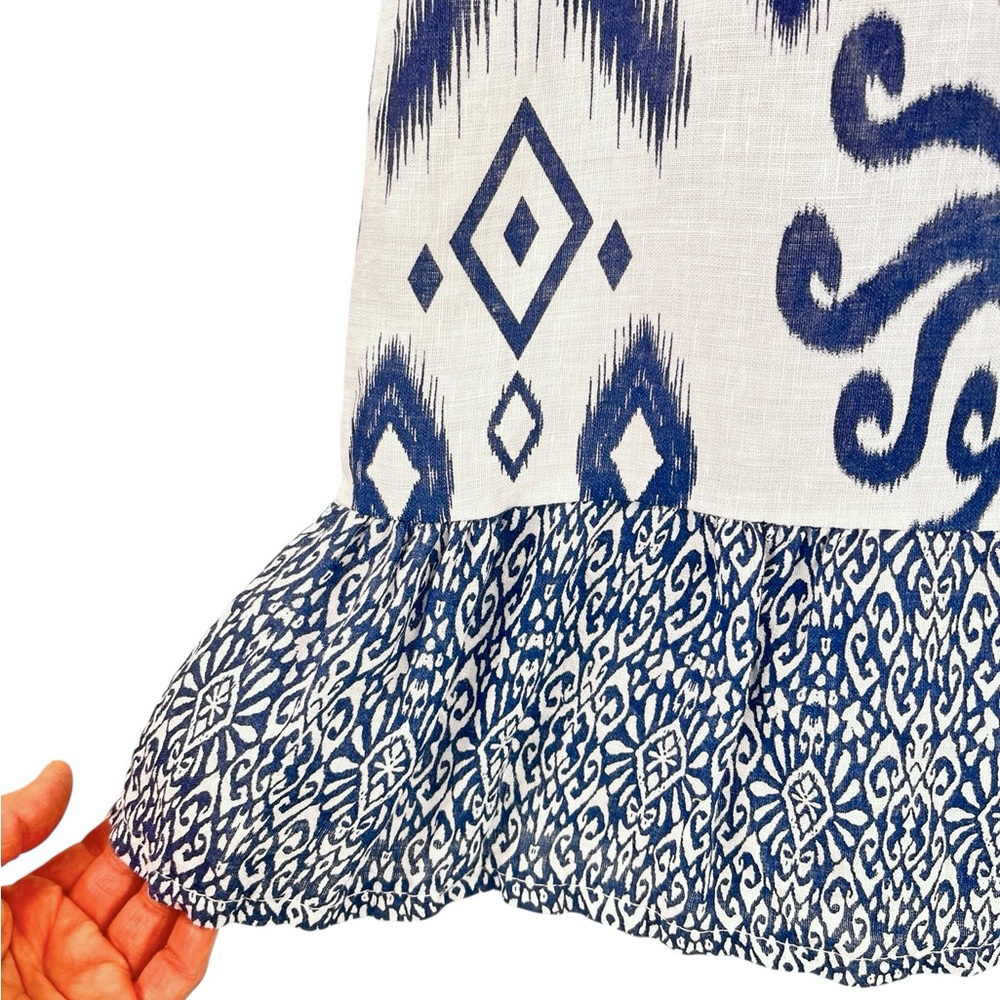 Luisa Perla 100% Linen Dress Sleeveless Blue White Ikat Print Resort Chic Sz S - Picture 5 of 12